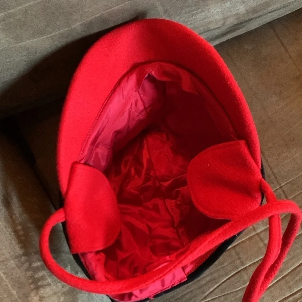 Kid’s dressy red trapper style hat with black velvet trim
